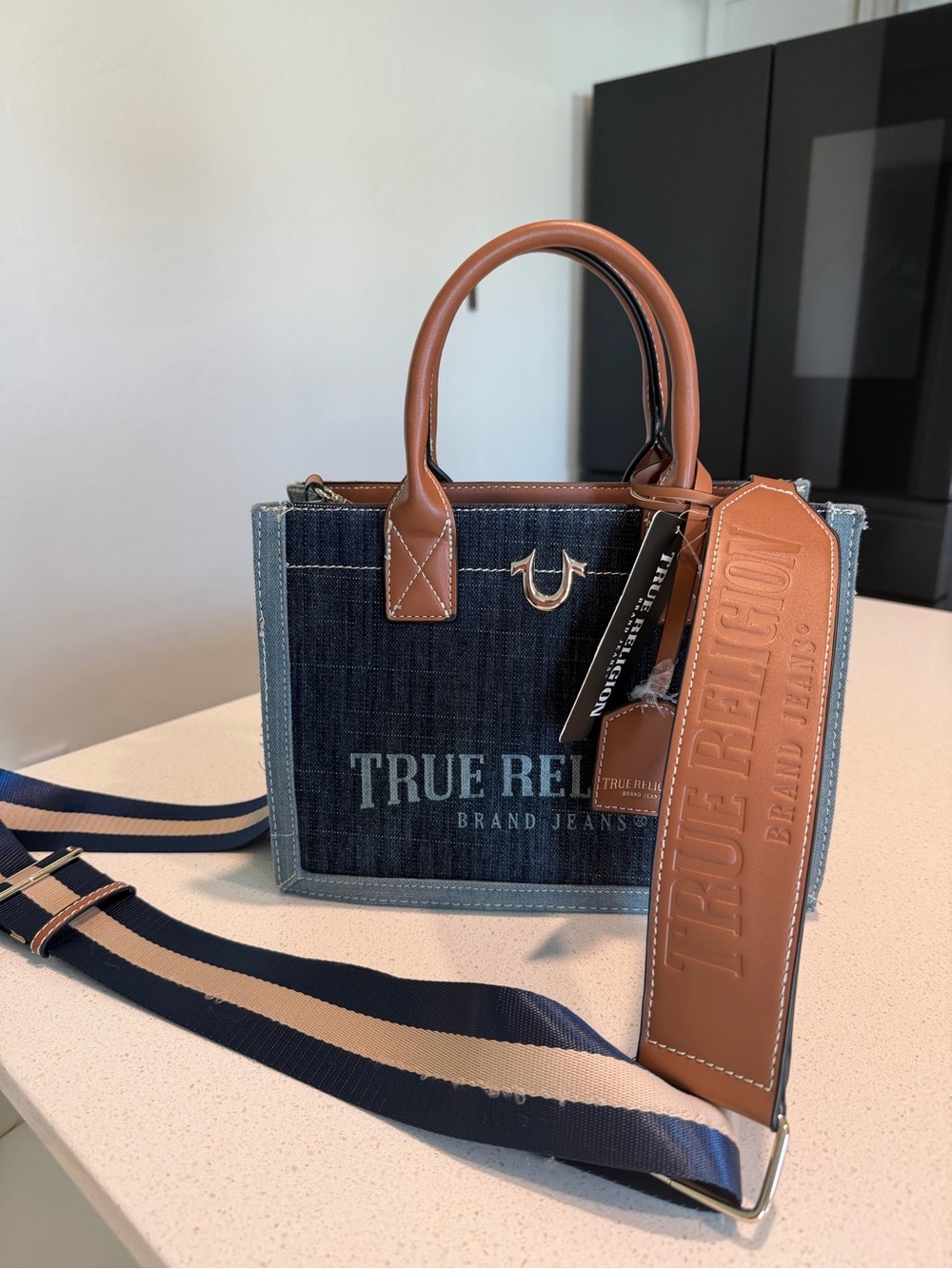 True Religion Navy Denim Tote with Tan Leather Handles